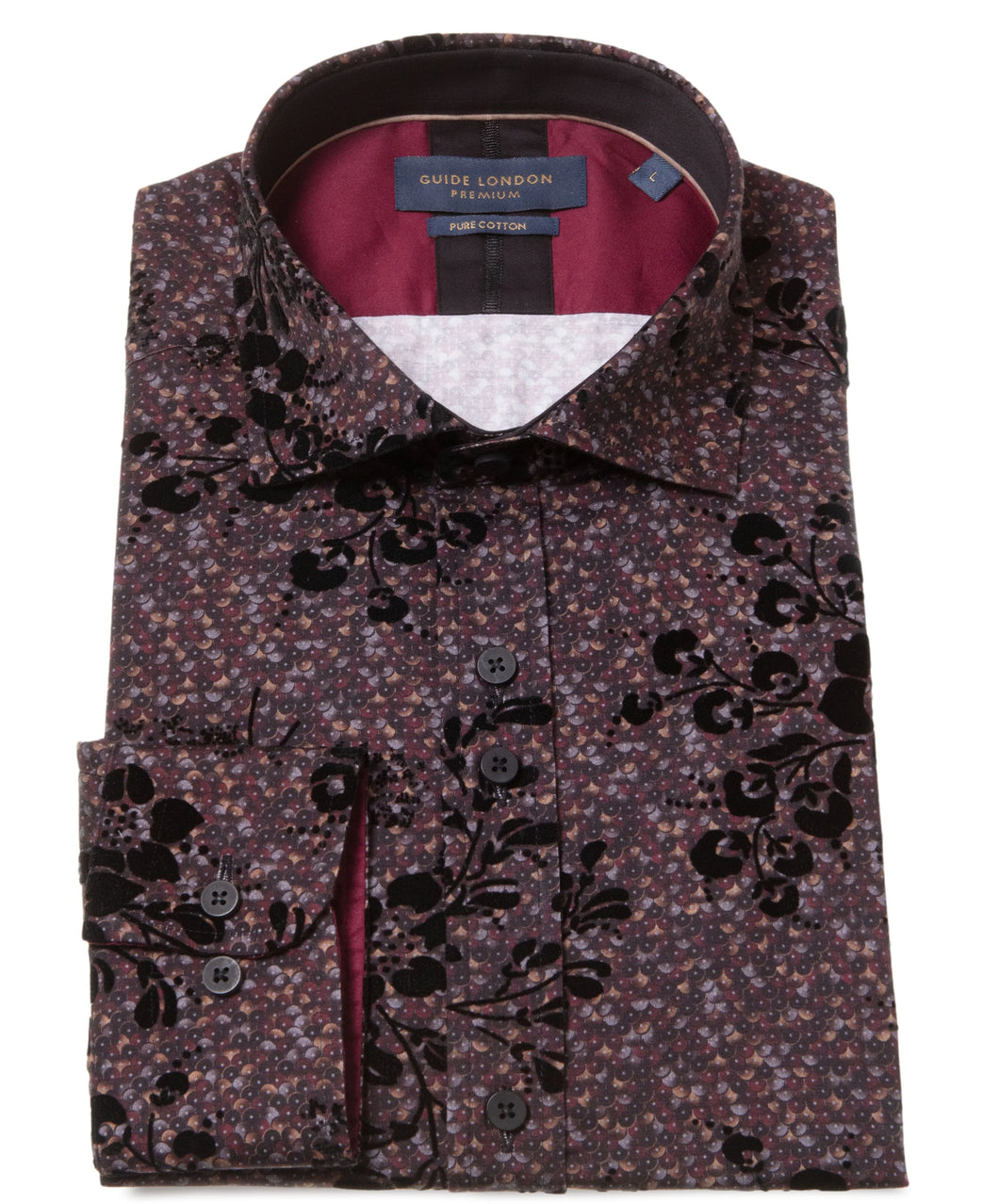 Guide London Burgundy Floral Flock Print Shirt