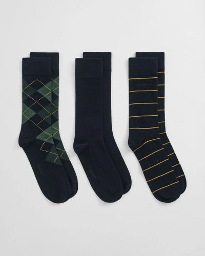 Gant 3 Pack Argyle and Striped Socks Navy