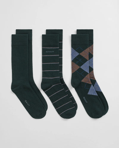 Gant 3 Pack Argyle and Striped Socks Tartan Green