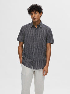 Selected Homme Pattern Short Sleeve Linen Mix Shirt Navy