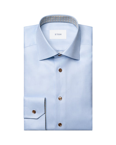 Eton Geometric Effect Textured Twill Shirt Blue