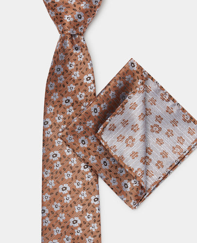 Remus Uomo Floral Pattern Tie and Pocket Square Rust