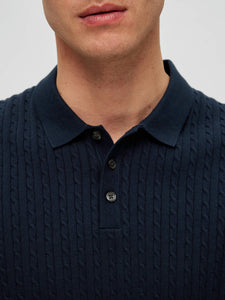 Selected Homme Madden Cable Knit Polo Navy